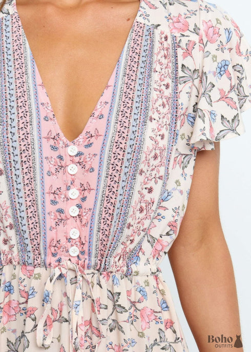 Boho Spring Summer Printed V-neck Short Dress Grace